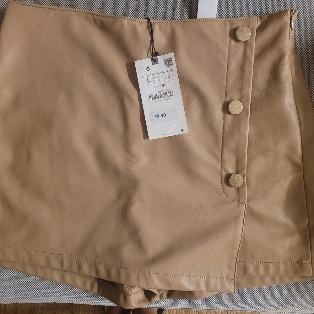 ZARA #NWT Tan Faux Leather Skort with Button Detail